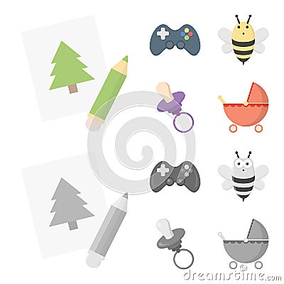 Picture, dzhostik, bee, nipple.Toys set collection icons in cartoon,monochrome style vector symbol stock illustration Vector Illustration