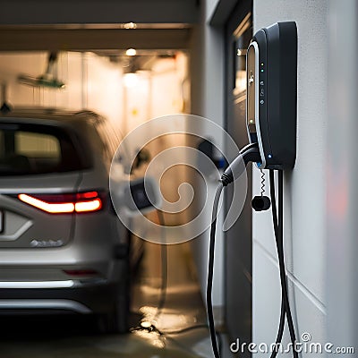 Electric Vehicle Wall Charger at Home (AI-Generated) Stock Photo