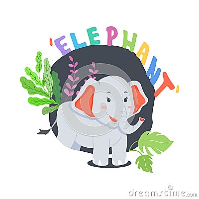 Happy Elephant Cartoon Concept With Leaf and Typography Vector Illustration Vector Illustration