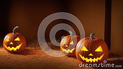 A Picture Of An Exquisitely Detailed Photo Of Three Carved Pumpkins AI Generative Stock Photo
