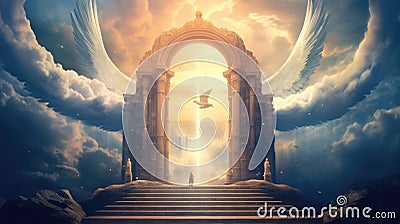 The picture of fantasy heaven gate, the light and creature with wing. AIG35. Stock Photo