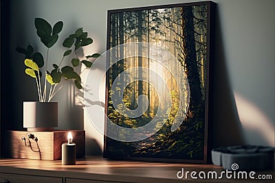 Picture frame of beautiful forest with evening sunlight spilling through the trees Stock Photo