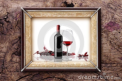 Picture frame bottle and glass of wine on wooden backgrounds Stock Photo