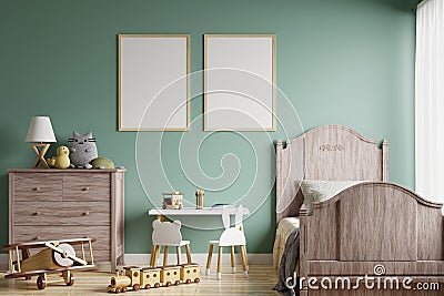 Picture frame on the green wall in the children`s room with the bed by the window. Decorated with dolls and toys.3d rendering Stock Photo
