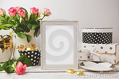 Picture frame poster template mock up with glamour and elegant feminine objects Stock Photo