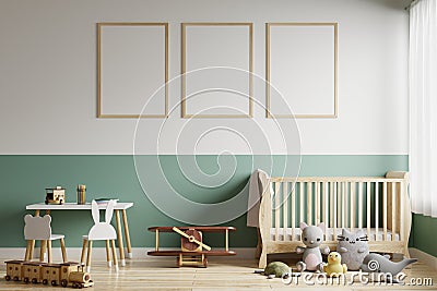 Picture frame on the wall in a children`s room with a newborn bed. Decorated with toys with dolls on the floor.3d rendering Stock Photo