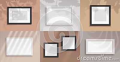 Picture frames. Realistic blank borders for photographs. Square decorative interior objects on wall. Overlay shadows Vector Illustration