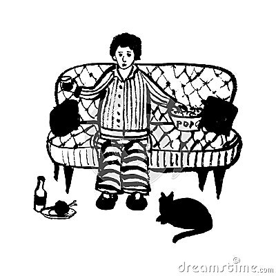 Picture full of woman in pajamas with a cat in the evening having supper on the couch in front of the TV, hand-drawn vecto Vector Illustration
