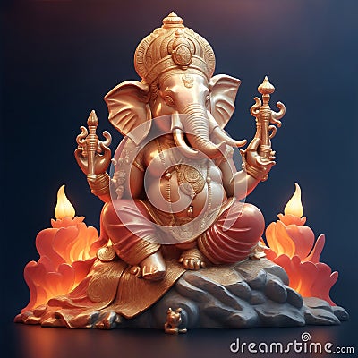 A picture of Ganesha is depicted sitting with a dark background, generated by AI Stock Photo