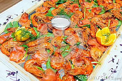 Shrimps on a buffet decorated on a mirror Stock Photo