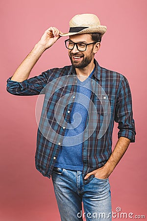 Picture of happy young man standing isolated over pink background Stock Photo