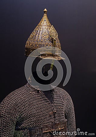 Topkapi Palace - Weapon and Armours - Helmet and Chain Mail Armor Editorial Stock Photo