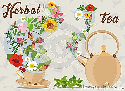 Picture with herbal supplements for tea and inscription. Vector illustration. Vector Illustration