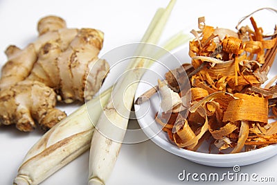 Picture of herbs such as ginger, limegrass and secang wood Stock Photo