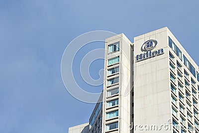 Picture of the Hilton logo on Quebec City Hilton hotel Editorial Stock Photo