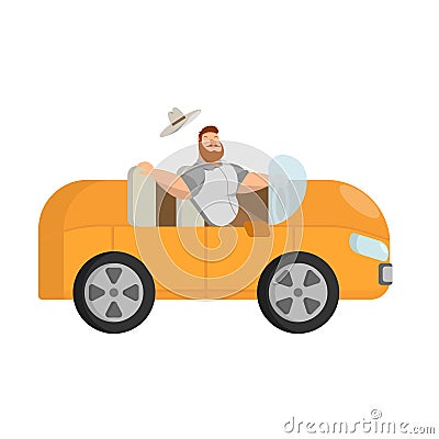 A picture of how a bearded man travels in an orange car Vector Illustration