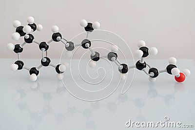 Isolated vitamin A made by molecular model with reflection on white background. Retinol chemical formula with colored atoms and bo Stock Photo