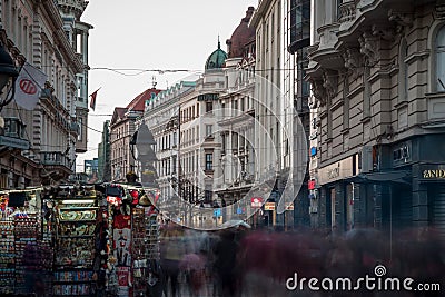 Kneza Mihailova street at dawn, crowded. Also known as Knez Mihaila, this is the main pedestrian street of the city Editorial Stock Photo