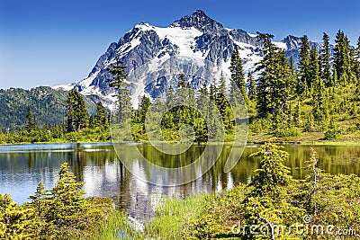 Picture Lake Evergreens Mount Shuksan Washington USA Stock Photo