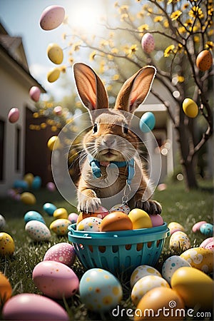 A picture of a large Easter bunny carrying a basket filled with eggs outside Stock Photo