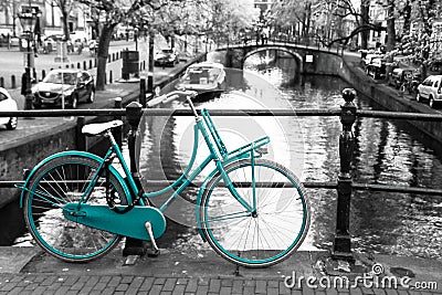 Lonely azure bike in Amsterdam Stock Photo