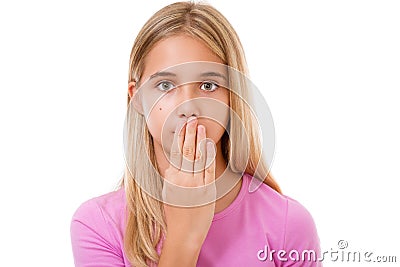 Picture of lovely young girl with hand over mouth.Isolated Stock Photo