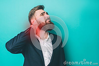 A picture of man that has a pain in the neck. The pain point is marked by red light. Guy is suffering from it. Isolated Stock Photo