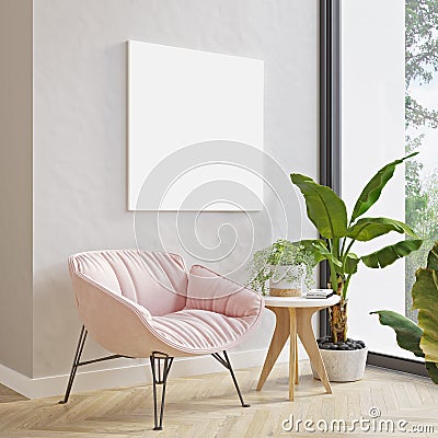 Picture mockup on light wall above modern pink armchair and plants. Modern minimalistic Scandinavian style interior design. Poste Cartoon Illustration