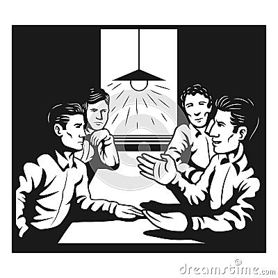 Picture a night scene at a bar, 4 dudes, discussing. Vector Illustration