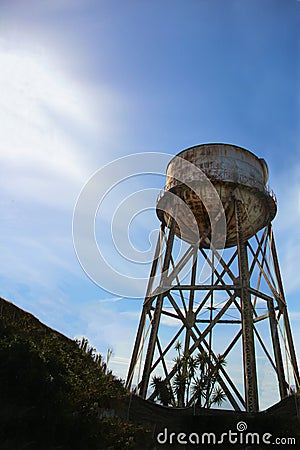 Old rusty water tank on Alcatraz island in San Francisco, California Stock Photo