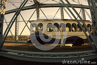 Old trolley driving over a bridge in Cincinnati Ohio Stock Photo