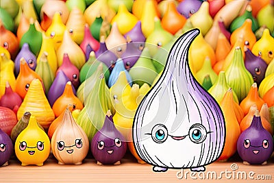 a picture of a onion surrounded by many different colored onions. generative ai Stock Photo