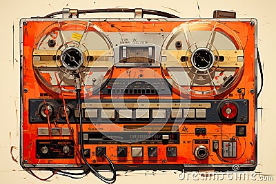 A picture of an orange tape recorder with two reels. Generative AI image. Stock Photo