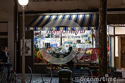 BONN, GERMANY - NOVEMBER 7, 2022: Selective blur on Bonn oriental, an oriental shop at night in Bonn, selling Turkish, orient and Editorial Stock Photo