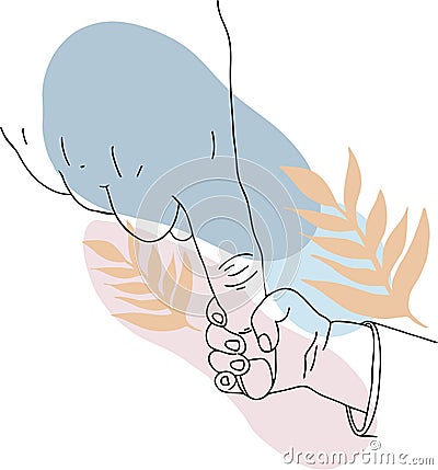 Picture outline a child holding his mothers hand Vector Illustration