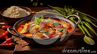 Picture of Panang curry, is a type of thick Thai curry that emphasizes salty and sweet flavors, generative ai Stock Photo