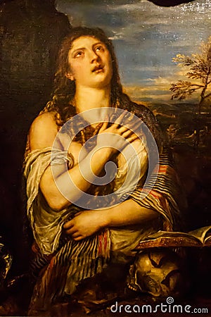 Picture of Penitent Magdalene is 1565 oil painting by Titian of saint Mary Magdalene, now in Hermitage Museum Editorial Stock Photo