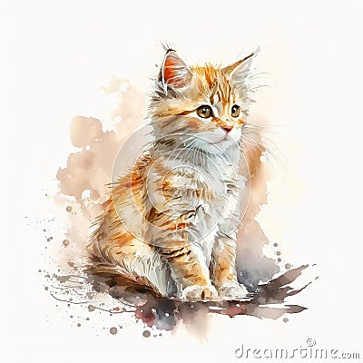 Cute red kitten sitting on a white background. Watercolor painting Stock Photo