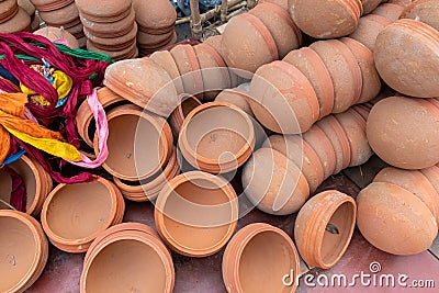 Picture of pile of round clay pot for food or earthenware Stock Photo