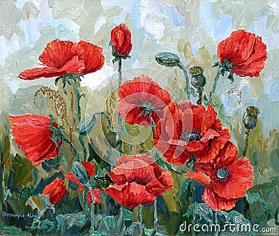 Picture - `Poppies`. Painting - oil, canvas. Stock Photo