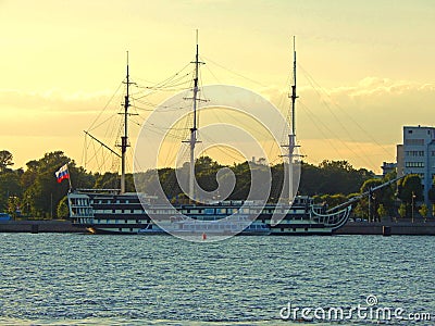 A black and white three-masted ship moored on the Neva river in Saint Petersburg, Russia Editorial Stock Photo