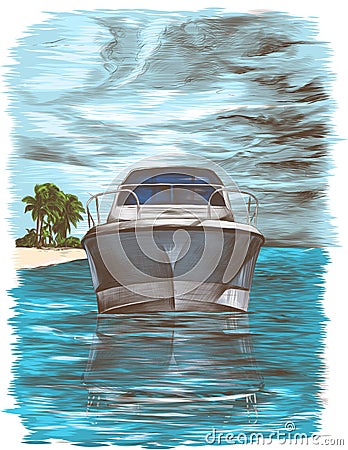 Picture postcard depicting a yacht floating nose forward on the water against the sky with clouds and an island Vector Illustration