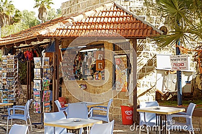 Postcard Shop Kikar Kedumim the central Plaza, Jaffa, Tel Aviv, Israel Editorial Stock Photo