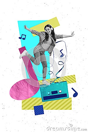 Picture postcard sketch collage image of crazy carefree girl meloman dance listen mp3 player isolated on white drawing Stock Photo