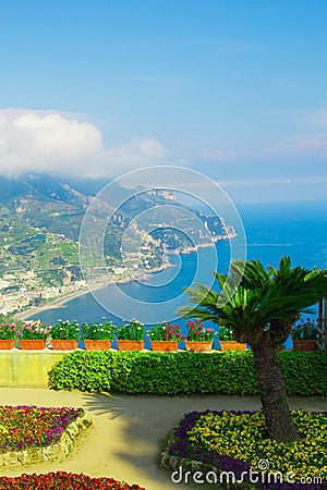 Picture postcard with terrace with flowers in the garden Villas Rufolo in Ravello. Amalfi Coast, Campania, Italy Stock Photo