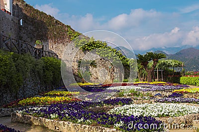 Picture postcard with terrace with flowers in the garden Villas Rufolo in Ravello. Amalfi Coast, Campania, Italy Stock Photo