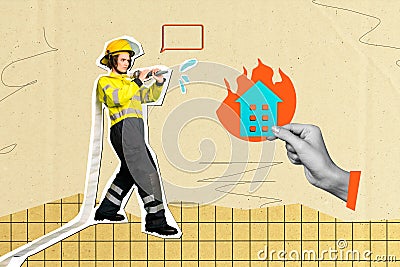Picture poster creative collage of confident girl firewoman extinguishing fire in flat hose with water isolated on Stock Photo