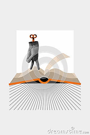 Picture poster image collage of human hands two fingers stand on paper page dictionary textbook isolated on drawing grey Stock Photo
