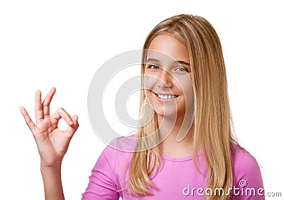 Picture of pretty young girl showing ok sign.Isolated Stock Photo