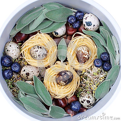 Picture of the products, with spaghetti and quail eggs, creative, concept Stock Photo